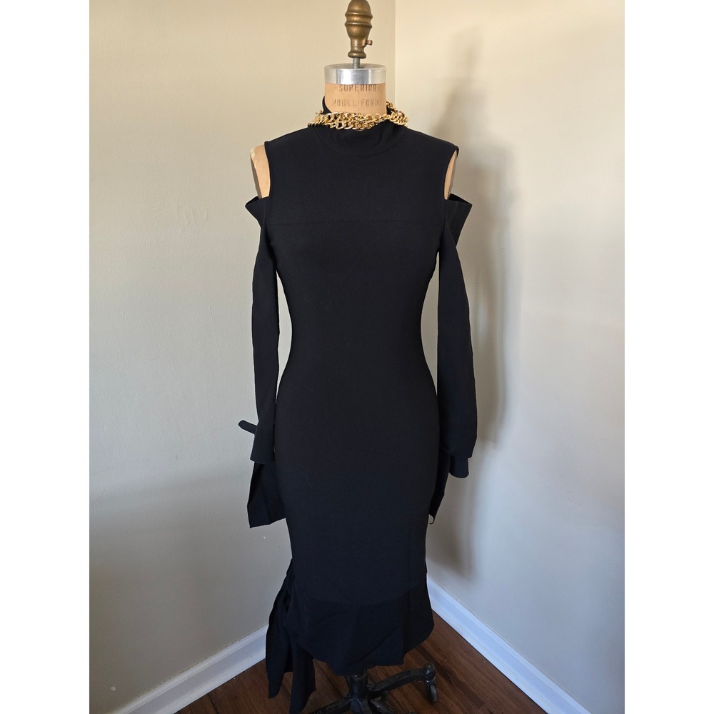 Alexis Katell Black Cold Shoulder Mock Neck Cocktail Dress Asymmetrical Hem - Picture 2 of 4
